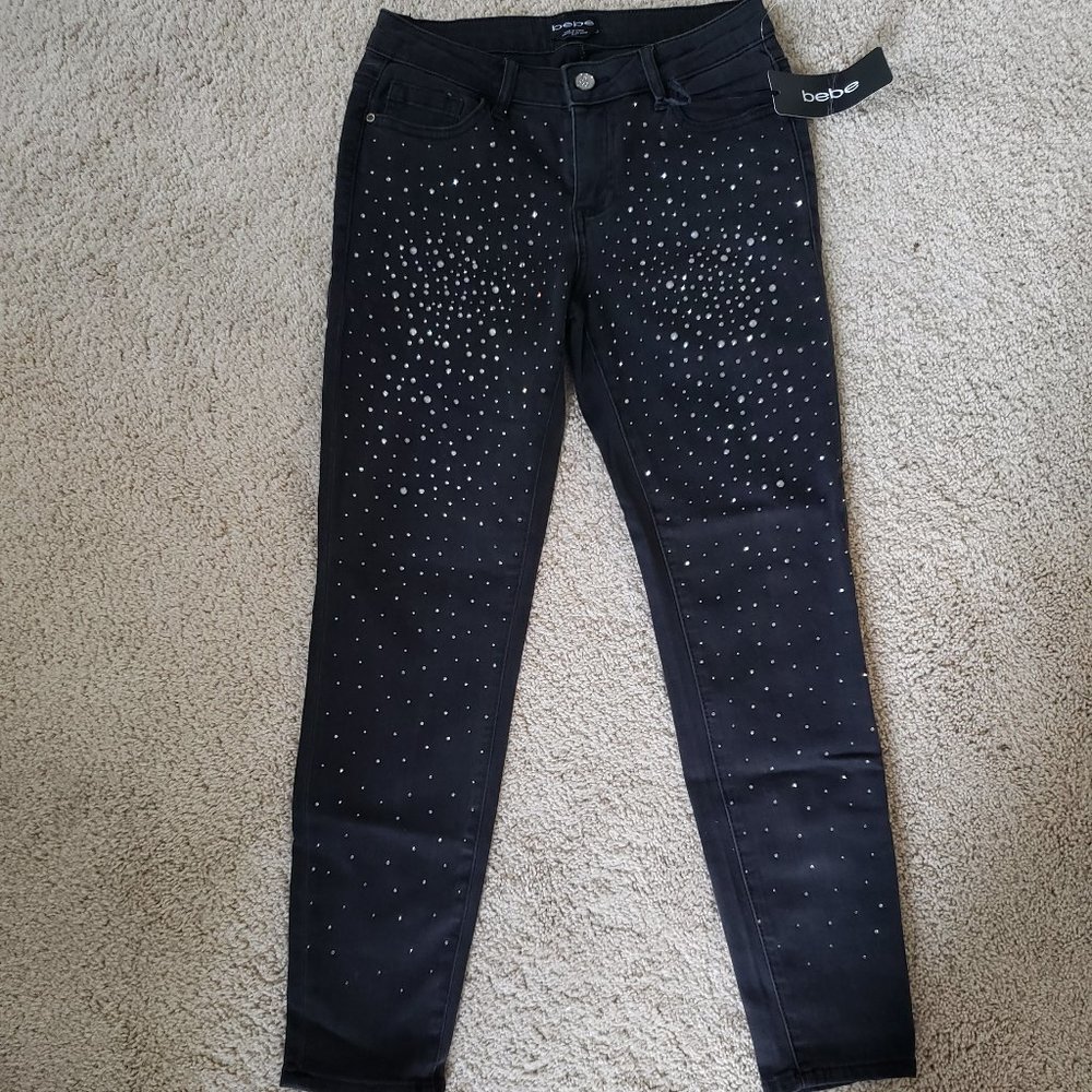 Bebe UL TIMATE sparkle studded black jeans. Sz 27